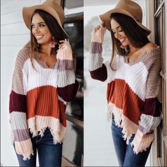 WeatherDistressed Color Block V-Neck Sweater BB318 - Picture 3 of 8